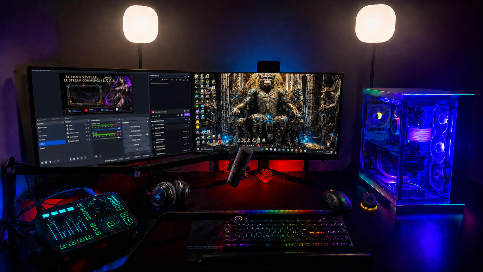 Setup gaming et streaming de MisterWalky avec deux écrans, un ordinateur et du matériel de diffusion.